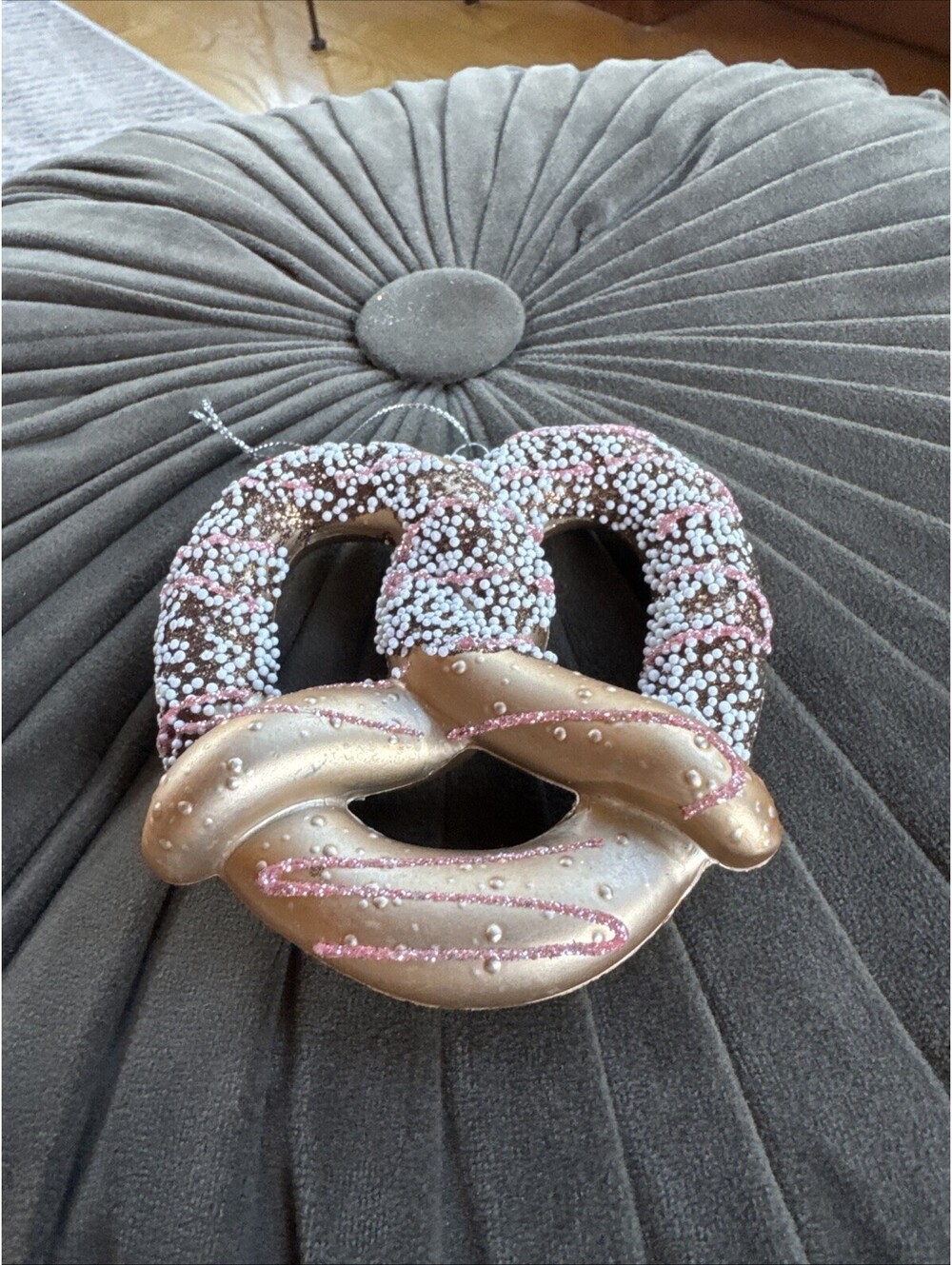 Lg Soft Giant Pretzel Christmas Ornament Beaded Glitter Plastic Junk Food